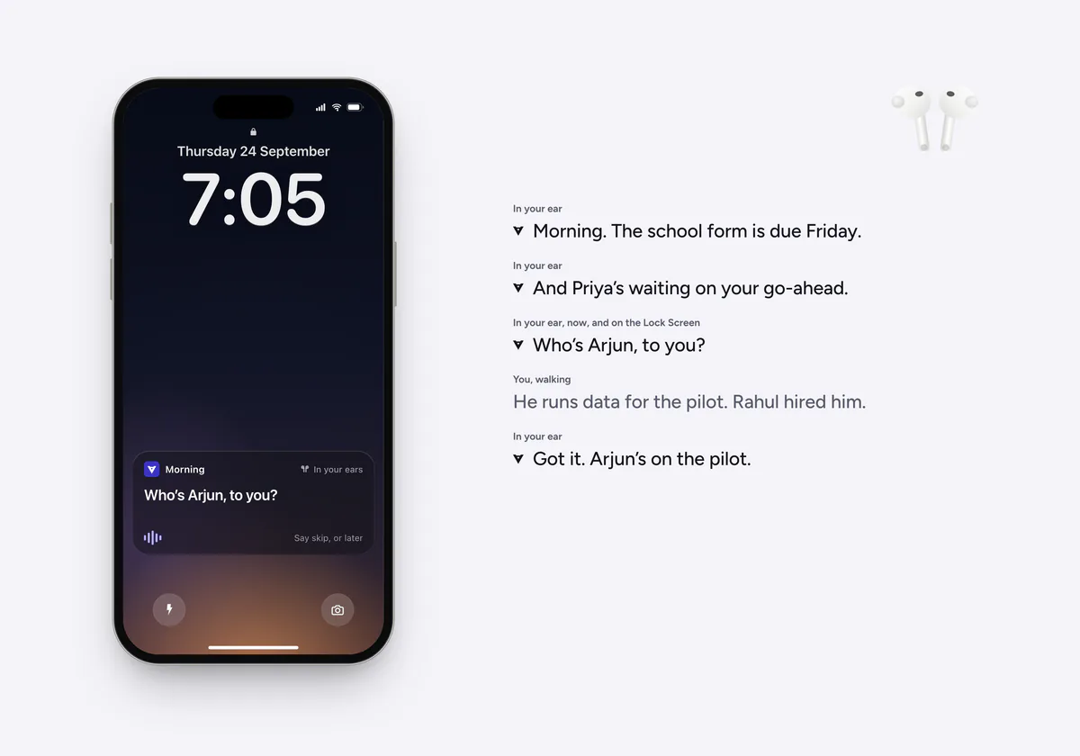 A design: at 7:05 am on AirPods, Anthrie says the school form is due Friday and Priya is waiting on a go-ahead, then asks who Arjun is; Dev answers while walking, and the iPhone Lock Screen shows only that question.