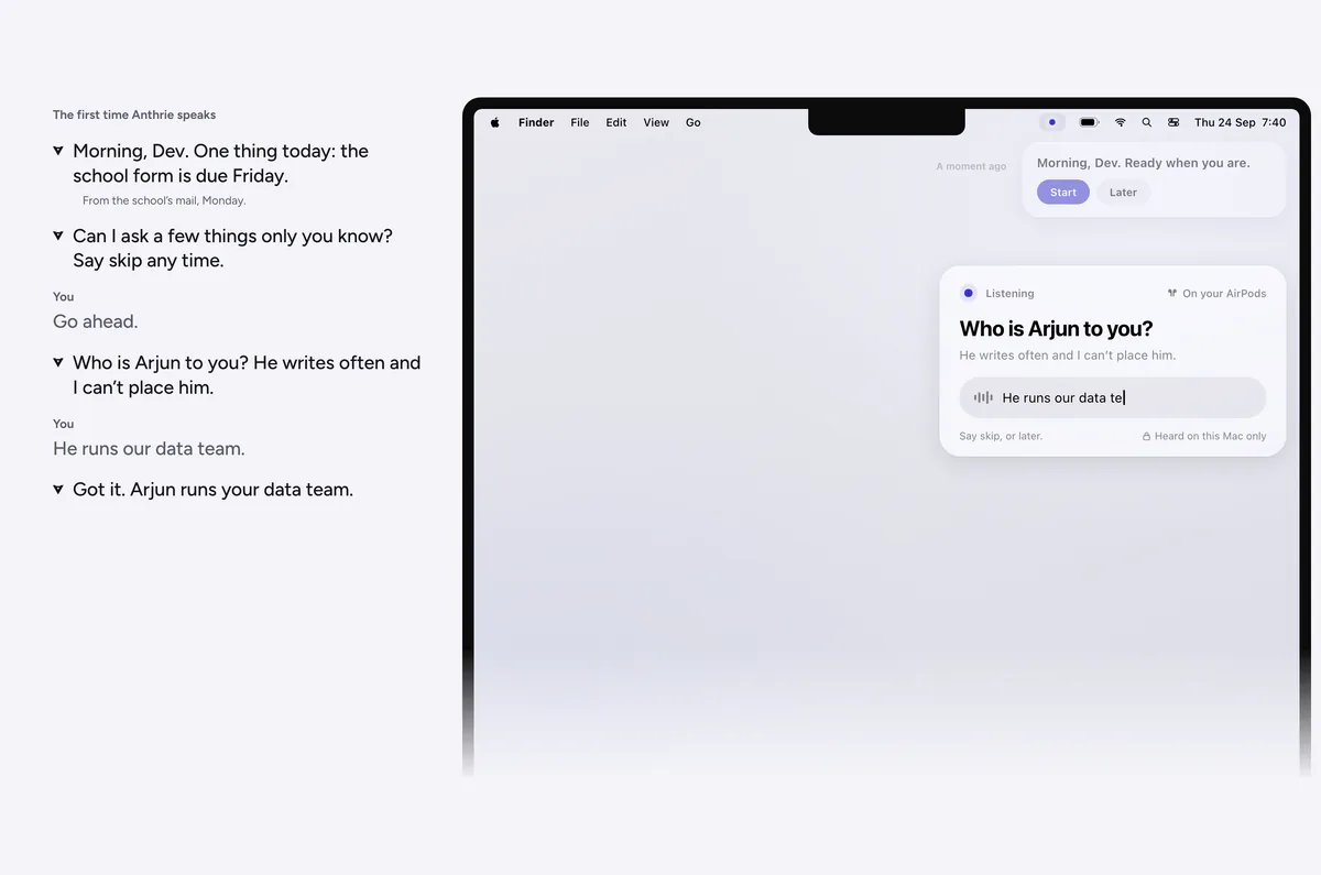 A design: in the morning on the Mac with AirPods, a menu bar panel asks who Arjun is, with the answer appearing as Dev speaks; the offer, Morning Dev, ready when you are, sits above it.