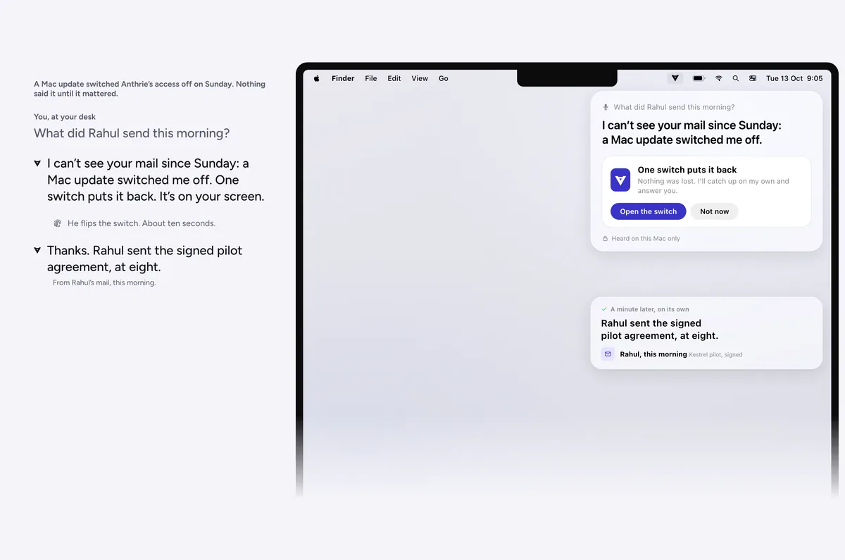 A design: asked what Rahul sent, Anthrie says a Mac update switched off its access to mail on Sunday and offers the one switch; a minute later it answers on its own that Rahul sent the signed pilot agreement at eight.